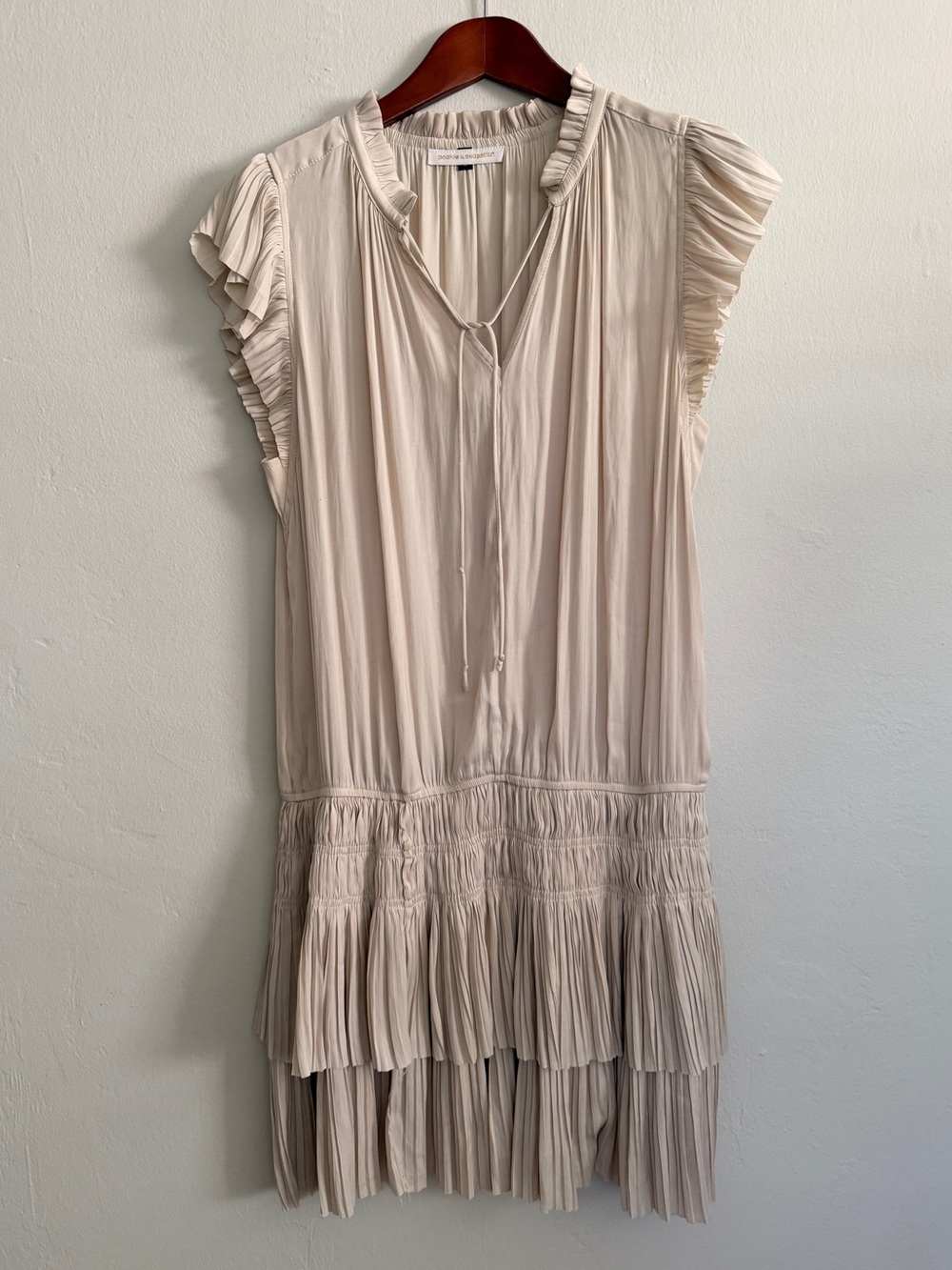 Pookie & Sebastian Cream Smocked Ruffle Mini Dress Sz S